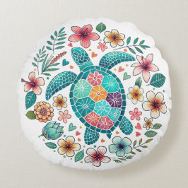 Cojín Redondo Boho Turquesa Floral Tortuga Marina - Costera