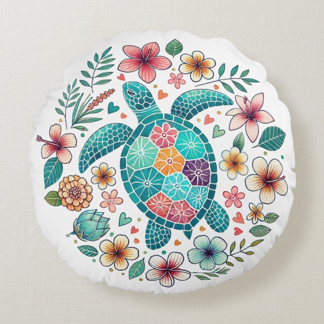 Cojín Redondo Boho Turquoise Floral Sea Turtle - Coastal (Anverso)