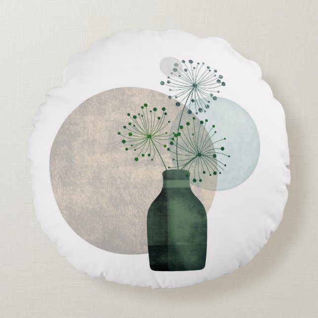 Cojín Redondo Boho Zen Floral Dandelis En Una Botella (Anverso)