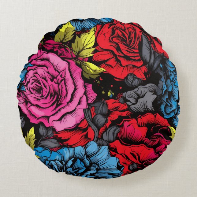 Cojín Redondo Bold Punk Blooms Floral Round Pillow (Anverso)