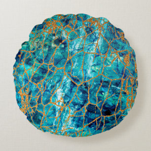Cojín Redondo Bonita textura de lujo de mármol azul con oro.