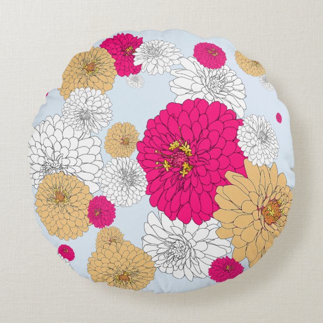 Cojín Redondo Bonito Bright Flor Pillow Rosa Tan Azul (Anverso)