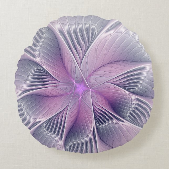 Cojín Redondo Bonito Flor Rosa Moderna Resumen Arte Fractal (Anverso)