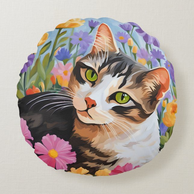 Cojín Redondo Bonito gato con flores (Anverso)
