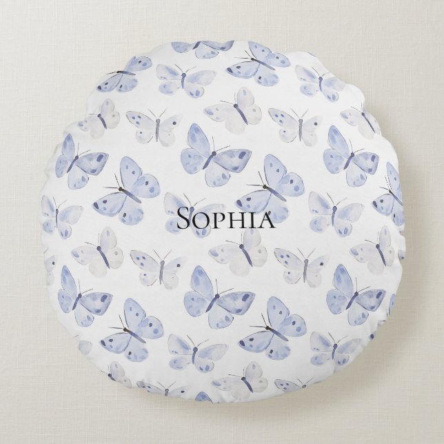 Cojín Redondo Bonito Mariposas Blancas Púrpuras (Anverso)