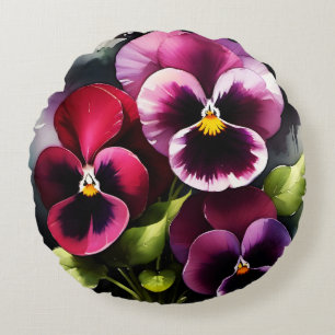 Cojín Redondo Bonito maroon daek pansies rojos pintura acuarela