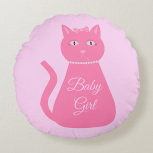 Cojín Redondo Bonito Niña Rosa Personalizado Gato Nacimiento