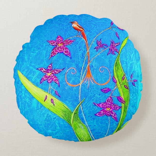 Cojín Redondo Bonito Pájaro Orquídea Pequeña (Rojo) (Anverso)
