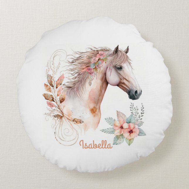Cojín Redondo Bonito personalizado acuarela Floral Boho Caballo (Reverso)