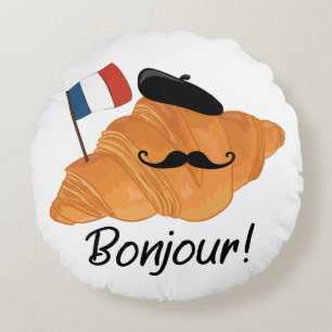 Cojín Redondo Bonjour Croissant francés - Comida divertida en Fr