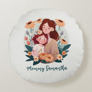 Cojín Redondo Bono de mamá y hija adorables - Marco floral (3)