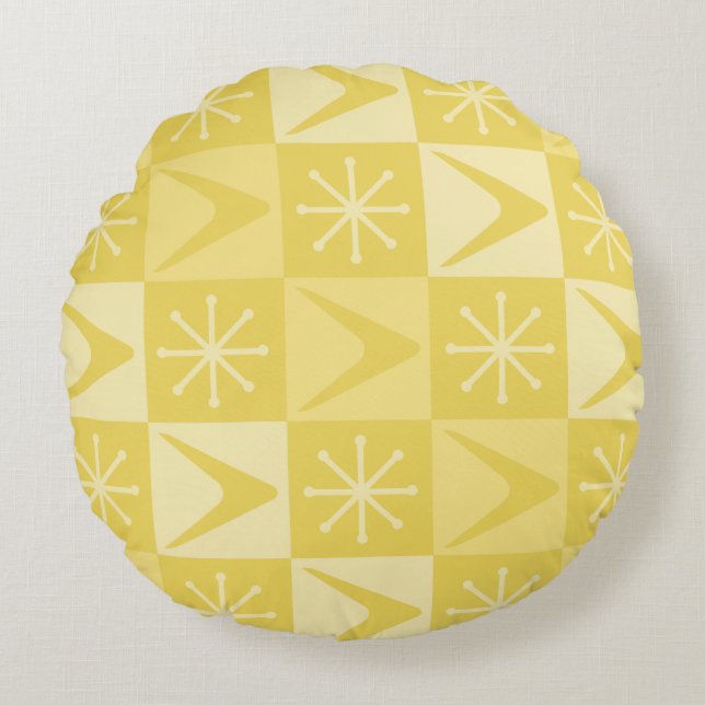 Cojín Redondo Boomerangs en la era atómica amarillo (Anverso)
