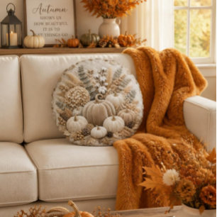 Cojín Redondo Bordado de calabaza de otoño neutral de lujo