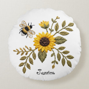Cojín Redondo Bordado falso de girasol y abeja melífera