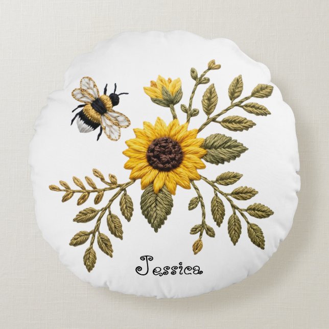 Cojín Redondo Bordado falso de girasol y abeja melífera (Anverso)