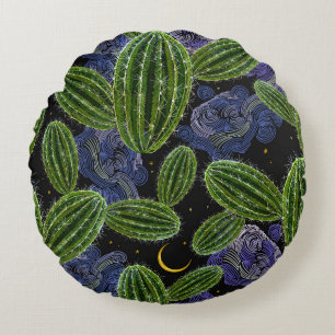 Cojín Redondo Bordados Mexicanos: La Noche de Cactus Seamless.