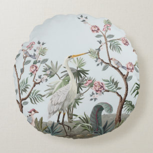 Cojín Redondo Borde de estilo chinoiserie con cigüeñas y peonist