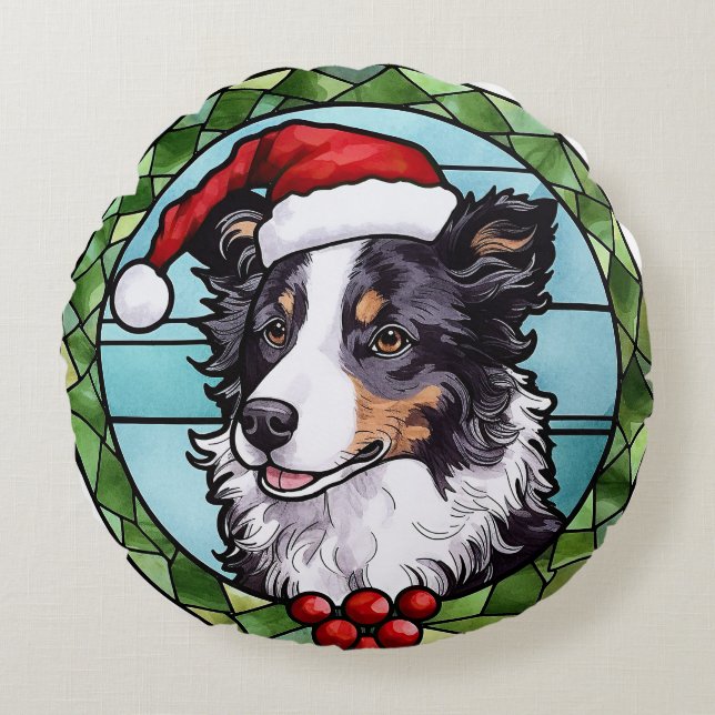 Cojín Redondo Border Collie Vidrio Pintado Navidad (Anverso)