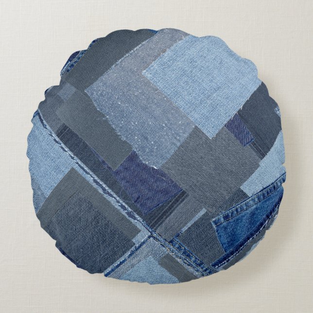 Cojín Redondo Boro Boro Blue Jean Patchwork Denim Shibori (Anverso)