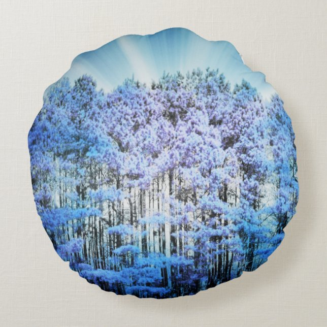Cojín Redondo Bosque Brillante de Esperanza Azul (Reverso)