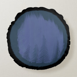 Cojín Redondo Bosque Brumoso de Árboles en Círculos Azules