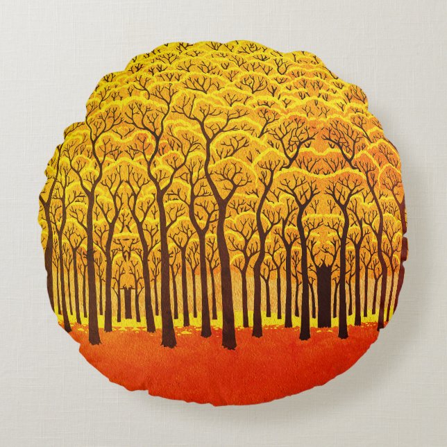 Cojín Redondo Bosque Dorado de Otoño (Anverso)