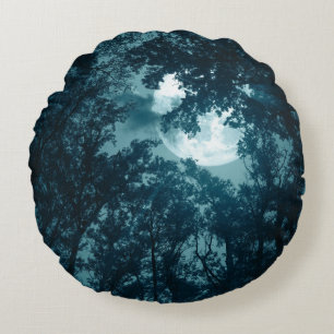 Cojín Redondo Bosque Encantador Nocturno con Luna Llena