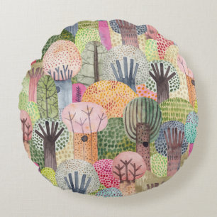 Cojín Redondo Bosque Infantil: fondo acuarela.