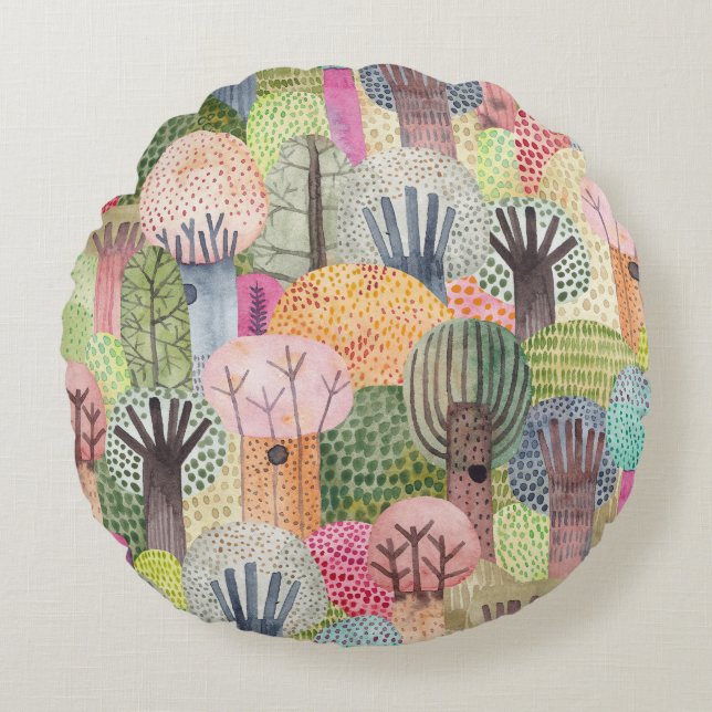 Cojín Redondo Bosque Infantil: fondo acuarela. (Anverso)