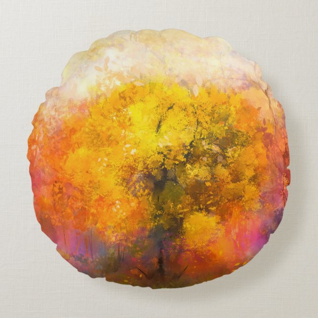 Cojín Redondo Bosque otoñal: Ilustracion de acuarela suave. (Anverso)