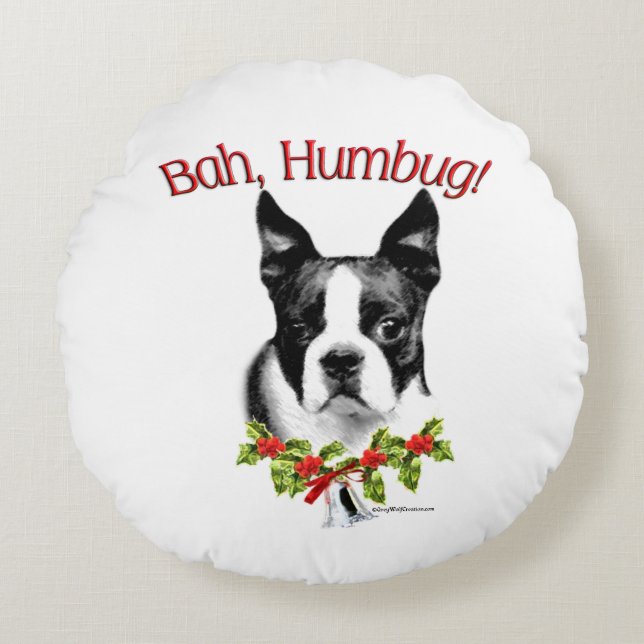 Cojín Redondo Boston Terrier Bah Humbug (Anverso)