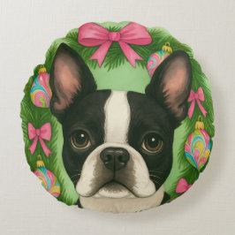 Cojín Redondo Boston Terrier Christmas Pillow