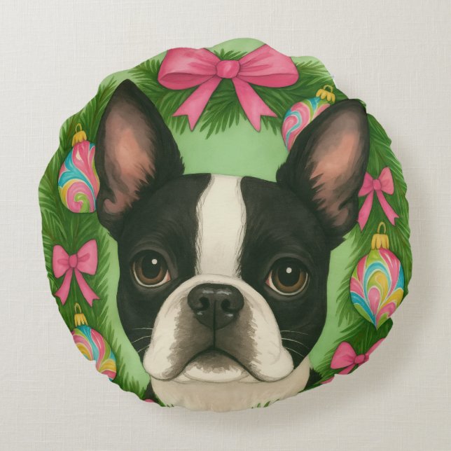 Cojín Redondo Boston Terrier Christmas Pillow (Reverso)