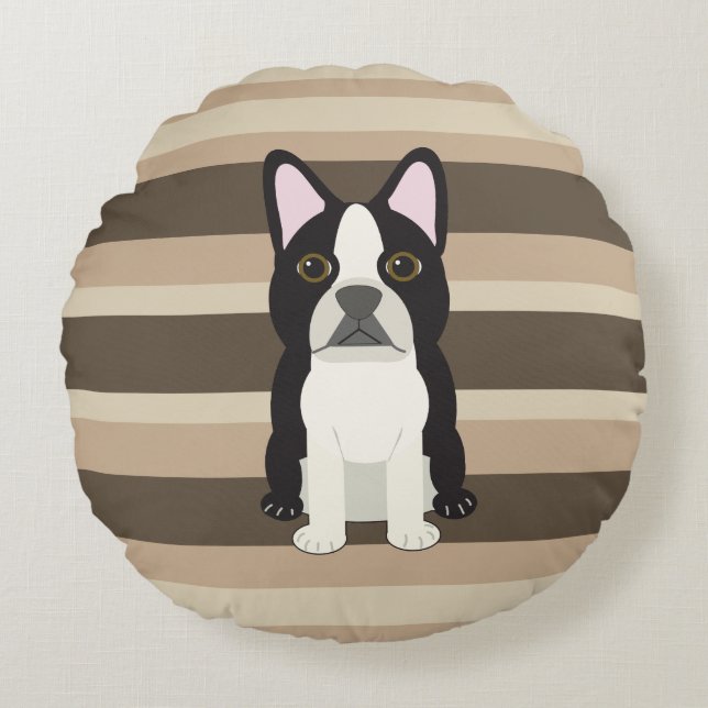 Cojín Redondo Boston Terrier Neutral rayado  (Anverso)