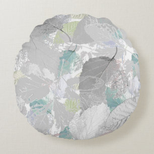 Cojín Redondo Botánica, gris, hojas, blanco y gris, turquesa