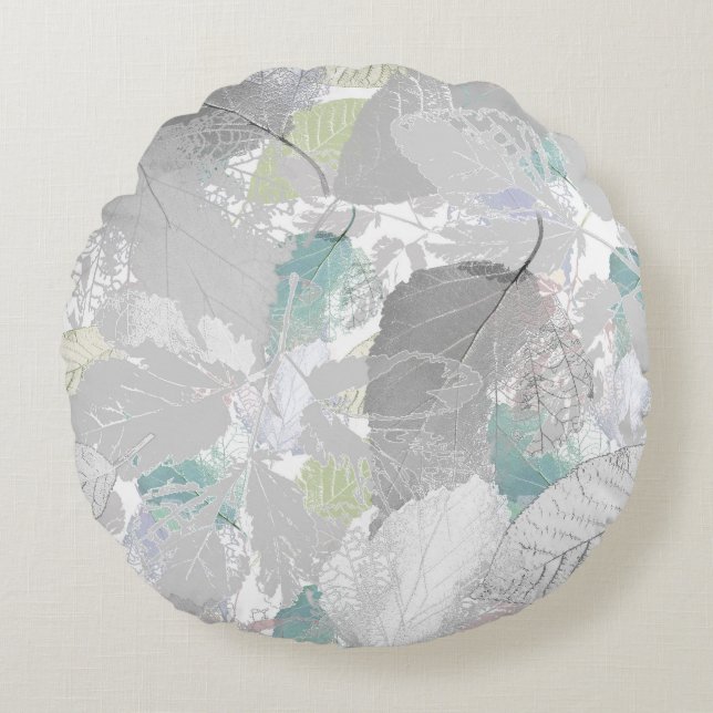 Cojín Redondo Botánica, gris, hojas, blanco y gris, turquesa (Anverso)