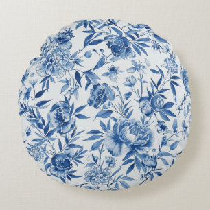Cojín Redondo Botánico floral de acuarela de chinoiserie azul