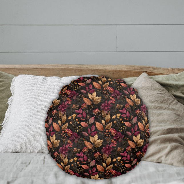 Cojín Redondo Botánicos Florales Acuarela Negro Dorado Borgoña  (Burgundy gold black watercolor botanical leaves florals round bedroom or living room pillow)