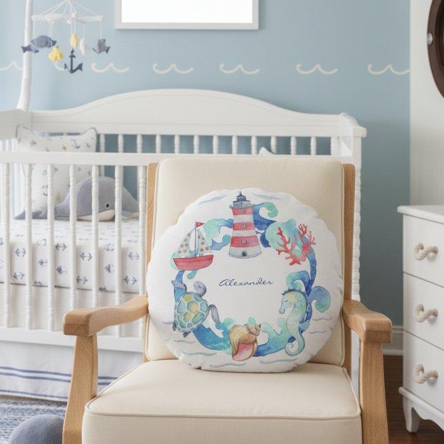Cojín Redondo Bote y faro de animales acuáticos (Subido por el creador)