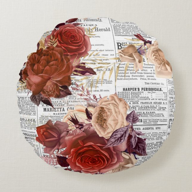 Cojín Redondo Bouquet De Flores En El Periódico (Anverso)