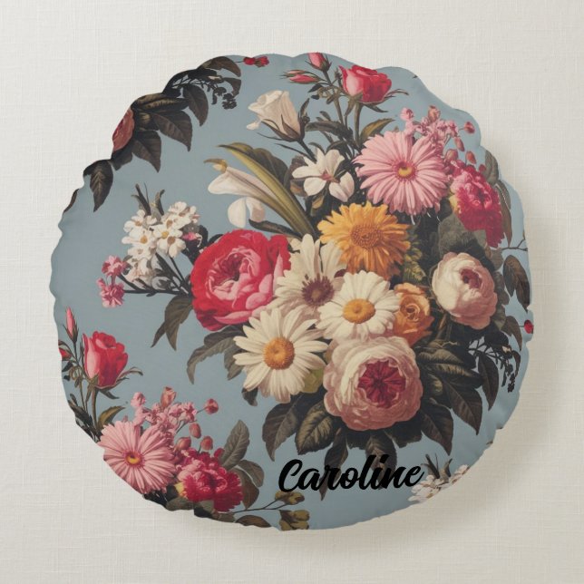 Cojín Redondo Bouquet De Flores Rojo, Rosa, Blanco Y Amarillo Vi (Anverso)