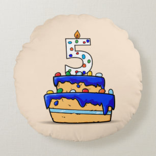 Cojín Redondo Boy 5 cumpleaños, 5 en dulce pastel azul