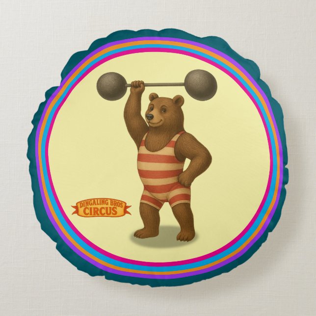Cojín Redondo Brandon, oso fuerte de circo (Anverso)