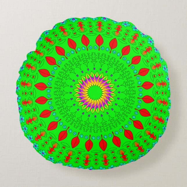 Cojín Redondo Bright Green Round Bohemian Throw Pillow (Anverso)