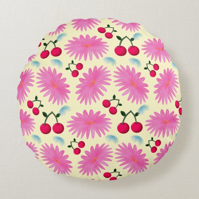 Cojín Redondo Bright Pink Floral Cherry Pattern | Cute Kawaii  (Anverso)