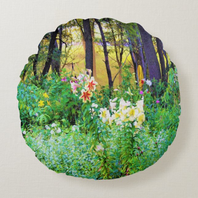 Cojín Redondo Brillante amanecer con lirios de árbol en My Rubio (Anverso)