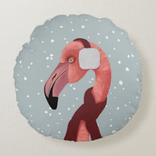 Cojín Redondo Brillante Flamingo De Invierno Acogedor Con Scarf