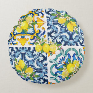 Cojín Redondo Brillante Mediterráneo Sicilia Tiles Citrus Lemons