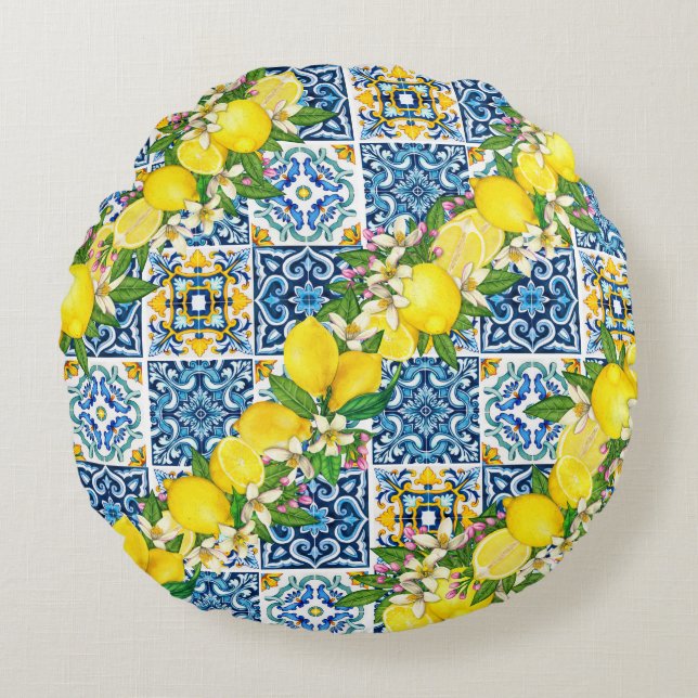 Cojín Redondo Brillante Mediterráneo Sicilia Tiles Citrus Lemons (Anverso)
