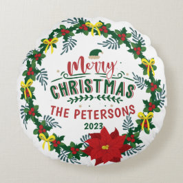 Cojín Redondo Brillante Navidad de la Poinsettia Roja